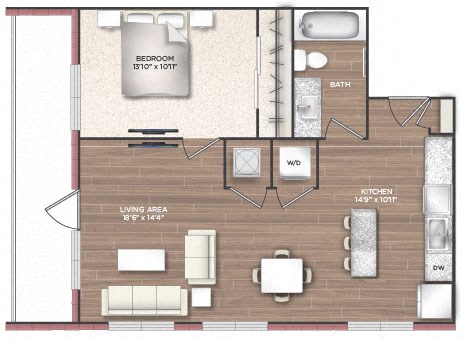 Floor plan for 1 bed, 1 bath, 779 sqft